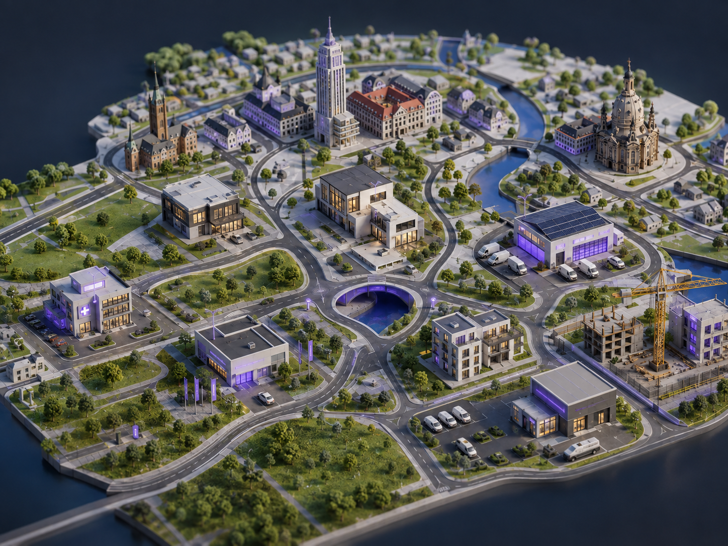 3D Stadtkarte mit Immobilien-Zielgruppen, Gebäuden, Straßen und markierten Einsatzbereichen